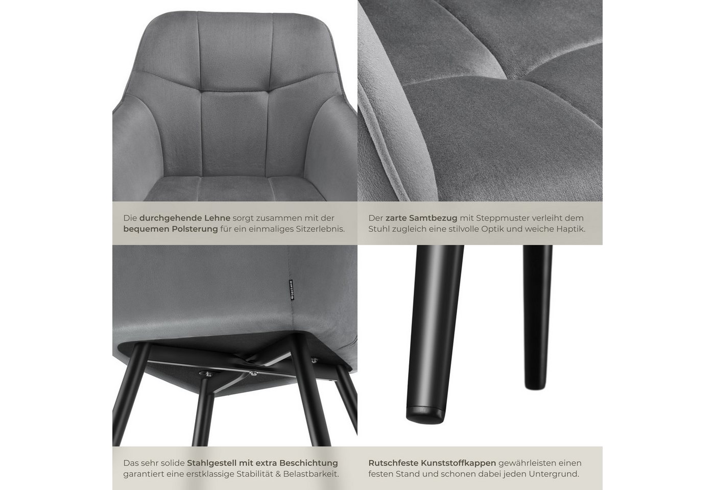 tectake Esszimmerstuhl Polstersessel gepolstert, in Samtoptik, gesteppt, 58 x 62 x 82 cm (Küchenstuhl Marilyn in grau/schwarz, 6 St), durchgehende Lehne, Stahlbeine, bodenschonend, Belastbarkeit 120 kg Bild 3