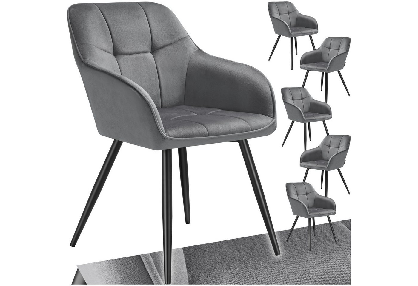 tectake Esszimmerstuhl Polstersessel gepolstert, in Samtoptik, gesteppt, 58 x 62 x 82 cm (Küchenstuhl Marilyn in grau/schwarz, 6 St), durchgehende Lehne, Stahlbeine, bodenschonend, Belastbarkeit 120 kg Bild 4