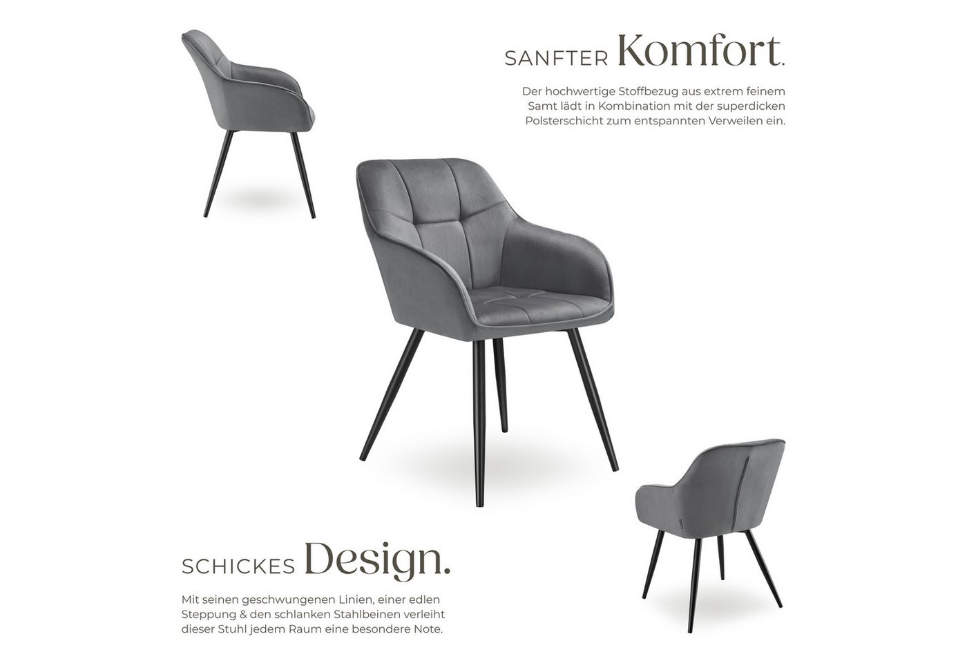 tectake Esszimmerstuhl Polstersessel gepolstert, in Samtoptik, gesteppt, 58 x 62 x 82 cm (Küchenstuhl Marilyn in grau/schwarz, 6 St), durchgehende Lehne, Stahlbeine, bodenschonend, Belastbarkeit 120 kg Bild 5