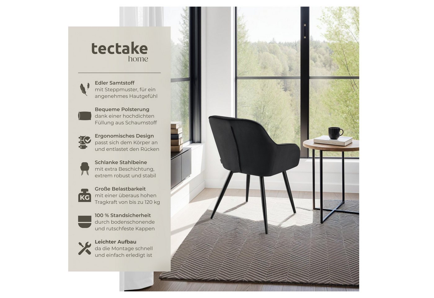tectake Esszimmerstuhl Polstersessel gepolstert, in Samtoptik, gesteppt, 58 x 62 x 82 cm (Küchenstuhl Marilyn in schwarz/schwarz, 1 St), durchgehende Lehne, Stahlbeine, bodenschonend, Belastbarkeit 120 kg