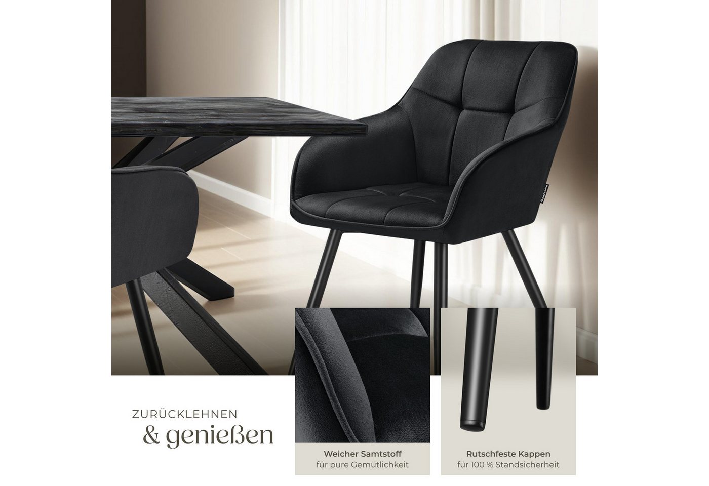 tectake Esszimmerstuhl Polstersessel gepolstert, in Samtoptik, gesteppt, 58 x 62 x 82 cm (Küchenstuhl Marilyn in schwarz/schwarz, 1 St), durchgehende Lehne, Stahlbeine, bodenschonend, Belastbarkeit 120 kg Bild 2