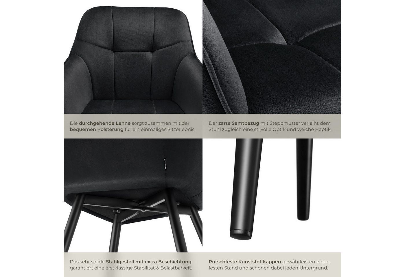 tectake Esszimmerstuhl Polstersessel gepolstert, in Samtoptik, gesteppt, 58 x 62 x 82 cm (Küchenstuhl Marilyn in schwarz/schwarz, 1 St), durchgehende Lehne, Stahlbeine, bodenschonend, Belastbarkeit 120 kg Bild 3
