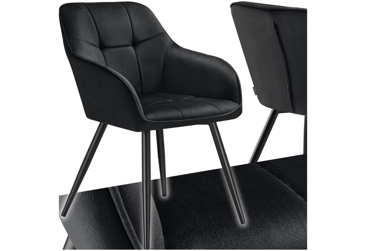 tectake Esszimmerstuhl Polstersessel gepolstert, in Samtoptik, gesteppt, 58 x 62 x 82 cm (Küchenstuhl Marilyn in schwarz/schwarz, 1 St), durchgehende Lehne, Stahlbeine, bodenschonend, Belastbarkeit 120 kg Bild 4