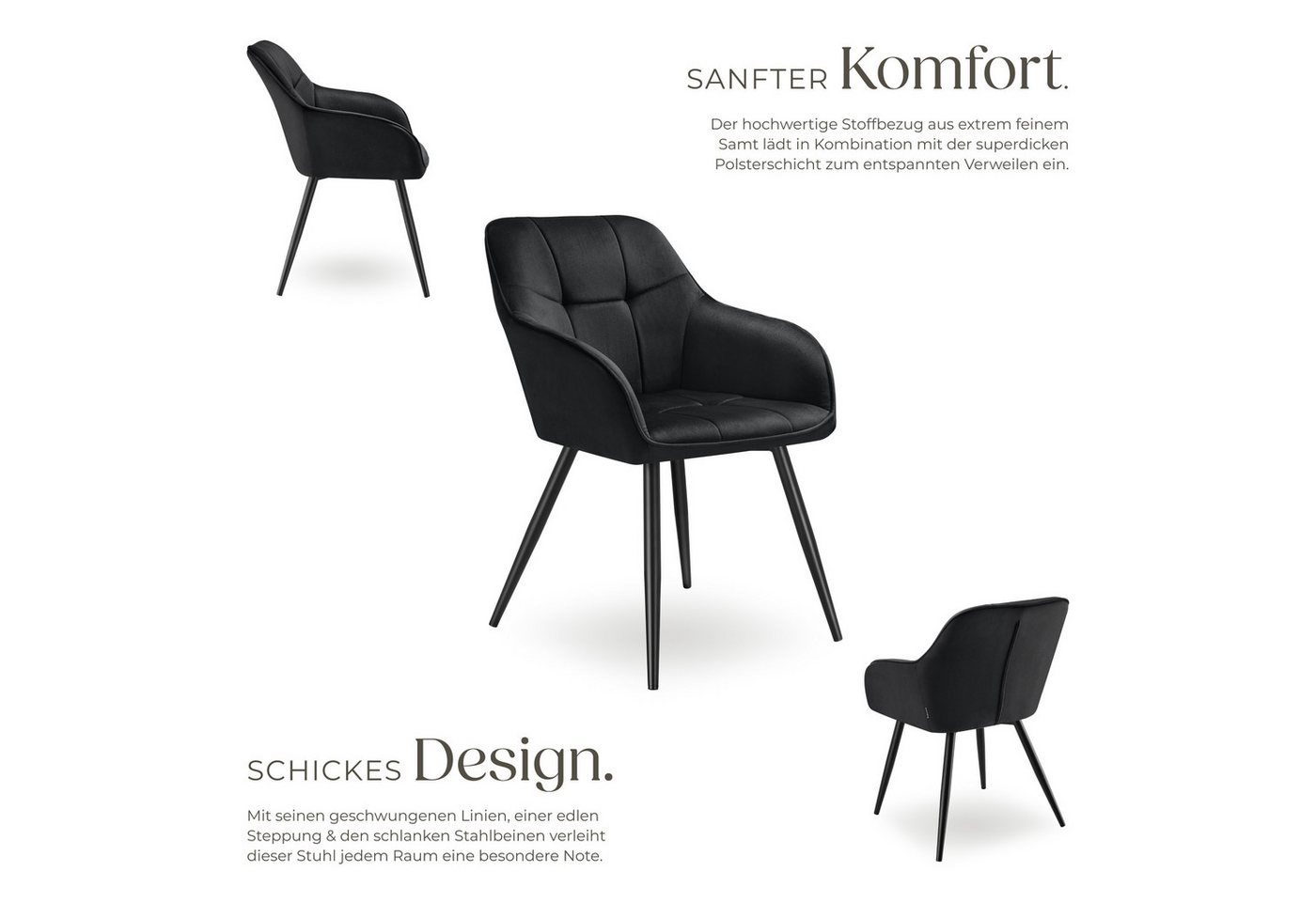 tectake Esszimmerstuhl Polstersessel gepolstert, in Samtoptik, gesteppt, 58 x 62 x 82 cm (Küchenstuhl Marilyn in schwarz/schwarz, 1 St), durchgehende Lehne, Stahlbeine, bodenschonend, Belastbarkeit 120 kg Bild 5