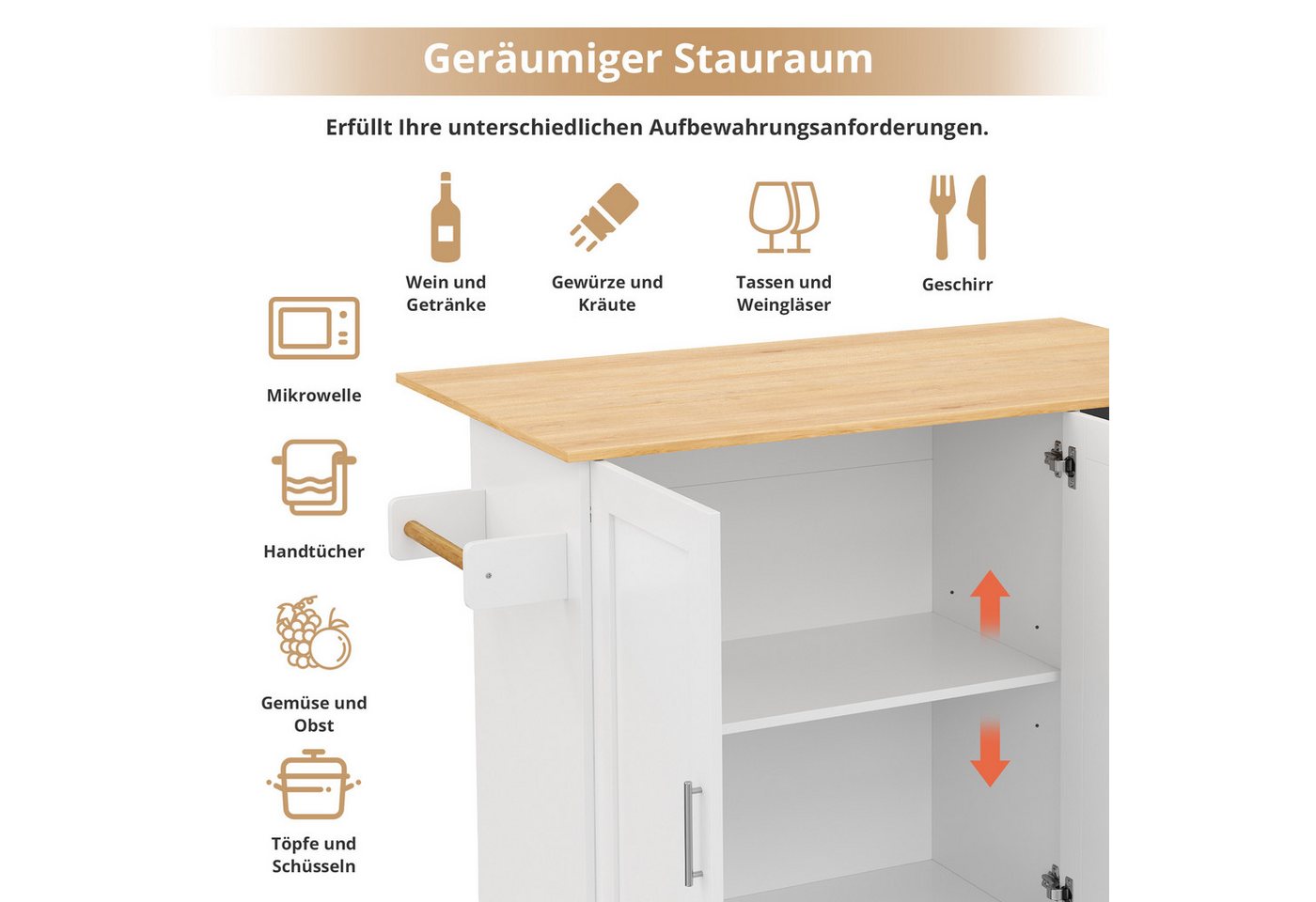 Flieks Küchenwagen mit erweiterbarer Arbeitsplatte in Eichenholzoptik und 3 Schubladen, (1 St., L135*B44(70)*H90cm), Kücheninsel Küchenschrank Servierwagen mit verstellbarer Einlegeböden