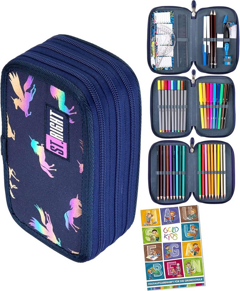 GOLDKIDS Federmäppchen St. Right XXL Federtasche Federmappe 46-teilig, (gefüllte Schüleretui, 1-tlg., 3-stöckig 19 x 13 x), 7 cm inkl. Hausaufgabenheft Holo Unicorns Einhorn Bild 2