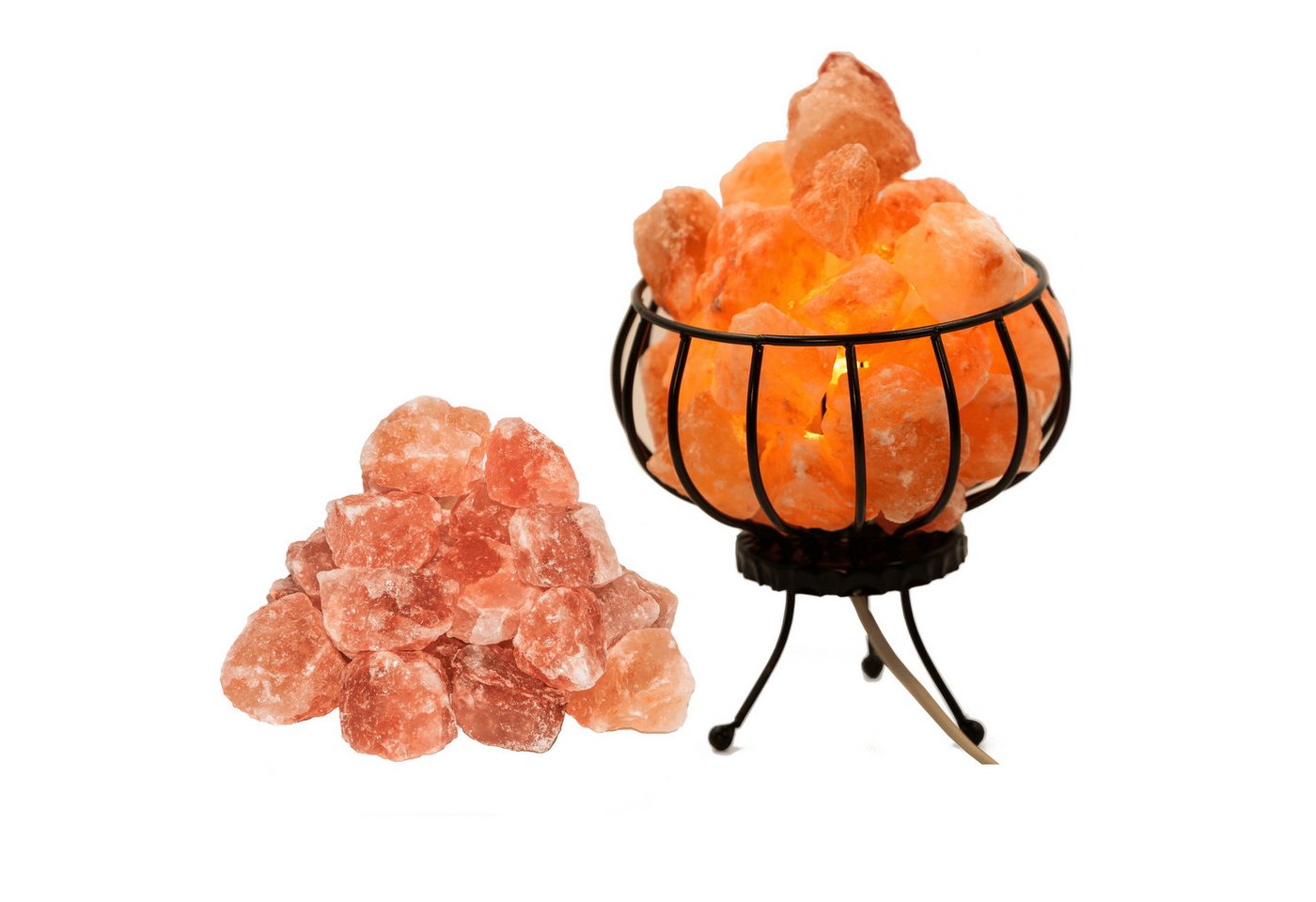 HAF Salzkristall-Tischlampe Salzlampe Metallkorb Feuerkorb mit Salzkristallen inkl Fassung + Birne, Leuchtmittel wechselbar, Warmweiß/Rosa, Handgefertigt - jeder Stein ein Unikat Bild 4