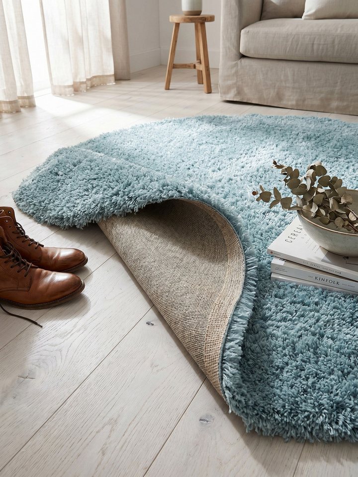 KADIMA DESIGN Teppich SALZACH Shaggy Langflor Wohnzimmer Schlafzimmer Waschbar Flauschig, Rund, Höhe: 52 mm, Blau, 80x80 cm, Wohnzimmerteppich Strapazierfähig Waschbar Bild 2