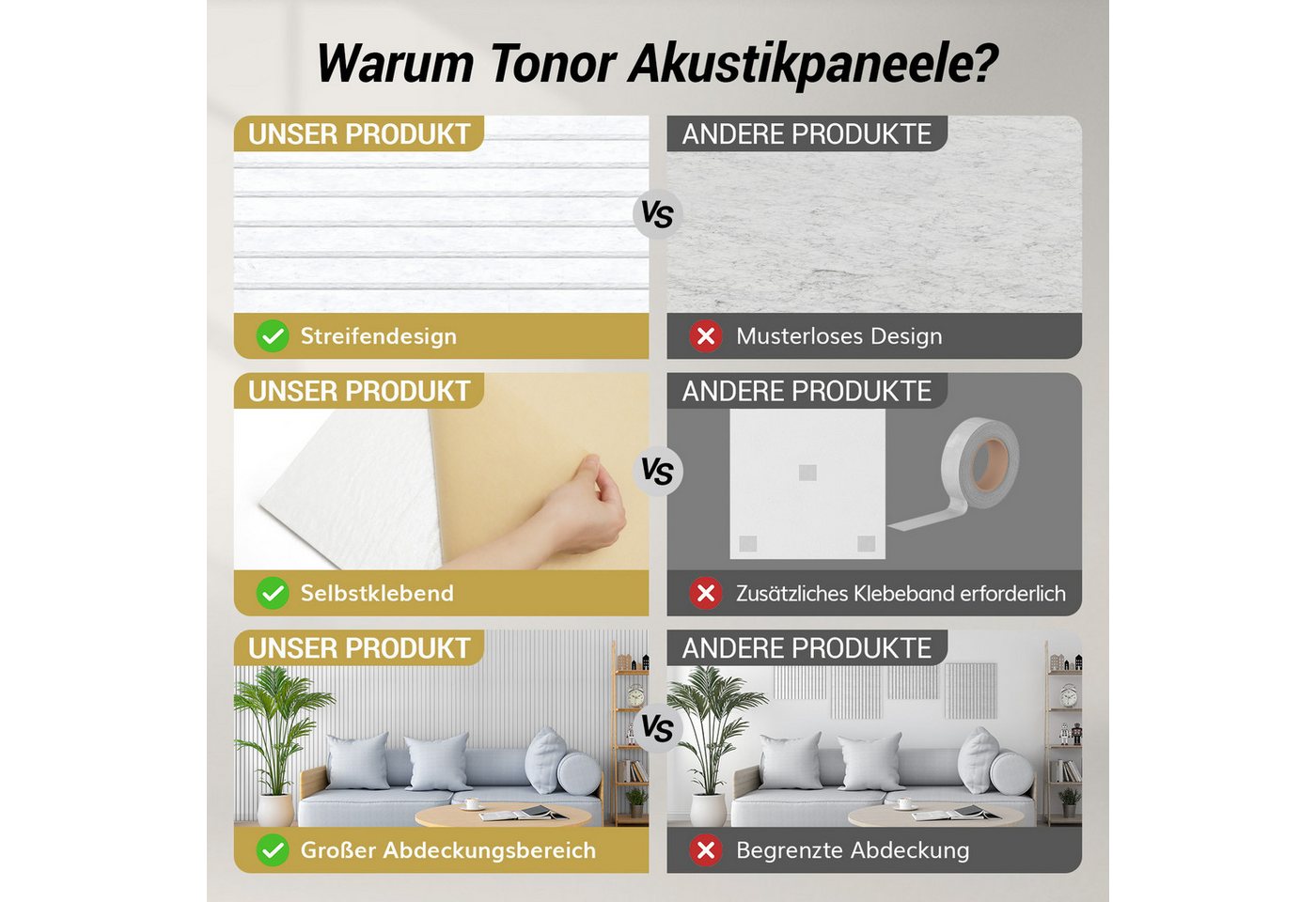 TONOR Schallschutzpaneel Akustikpaneele selbstklebend, 120x60x0.9 cm Schallschutz wand, (8-tlg) Bild 2