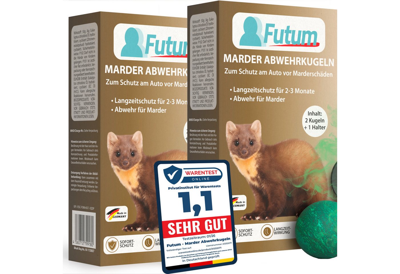 FUTUM Vergrämungsmittel 2x2er Set + 2 Halter Marderkugeln gegen Marder für Auto Marderschutz, 4-St., Marderabwehr