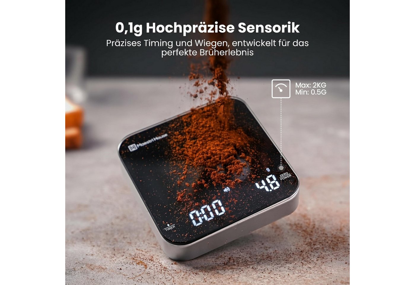 Maestri House Küchenwaage Mini-Kaffeewaage mit Timer, USB-C-wiederaufladbare Espressowaage, (USB-C-wiederaufladbare Espressowaage tragbare digitale Küchenwaage), 2 kg/0,1 g Bild 2