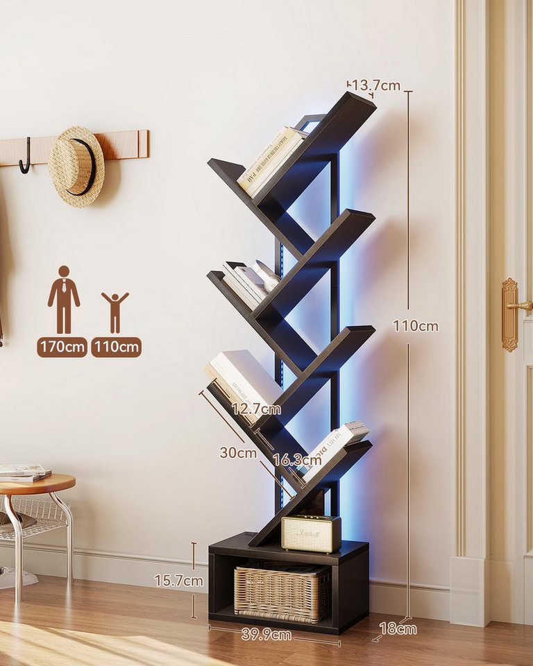 ODK Bücherregal in baumförmiger Optik, 6 offene Regale in Schwarz/Weiß, 1-tlg., mit integriertem LED-Lichtband – Ideal für Wohnzimmer & Schlafzimmer