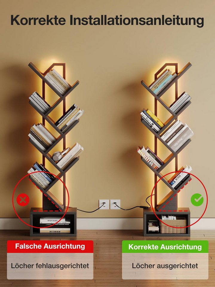 ODK Bücherregal in baumförmiger Optik, 6 offene Regale in Schwarz/Weiß, 1-tlg., mit integriertem LED-Lichtband – Ideal für Wohnzimmer & Schlafzimmer Bild 2