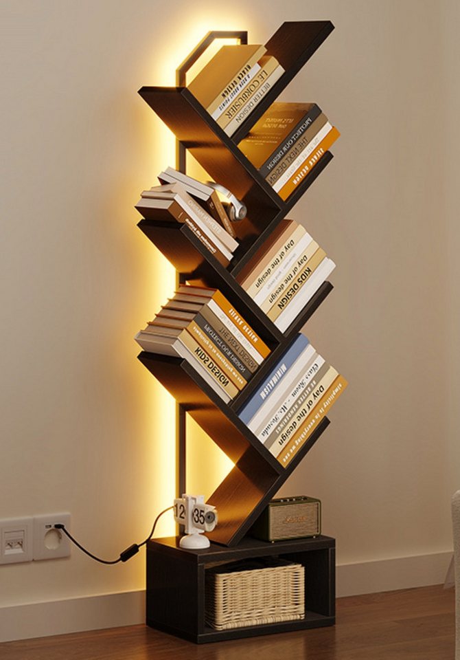 ODK Bücherregal in baumförmiger Optik, 6 offene Regale in Schwarz/Weiß, 1-tlg., mit integriertem LED-Lichtband – Ideal für Wohnzimmer & Schlafzimmer Bild 3