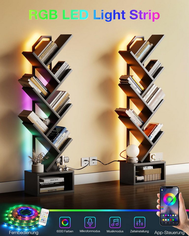 ODK Bücherregal in baumförmiger Optik, 6 offene Regale in Schwarz/Weiß, 1-tlg., mit integriertem LED-Lichtband – Ideal für Wohnzimmer & Schlafzimmer Bild 4
