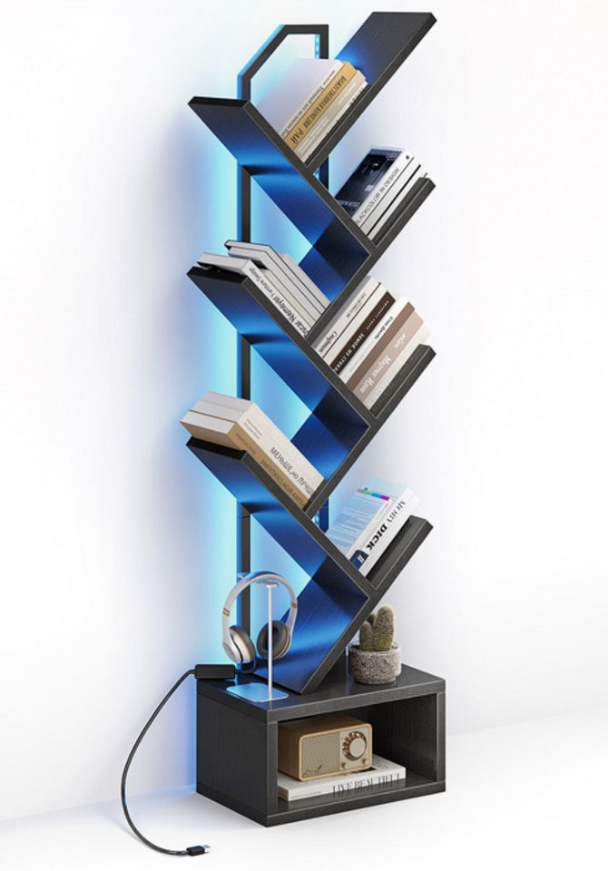 ODK Bücherregal in baumförmiger Optik, 6 offene Regale in Schwarz/Weiß, 1-tlg., mit integriertem LED-Lichtband – Ideal für Wohnzimmer & Schlafzimmer Bild 5