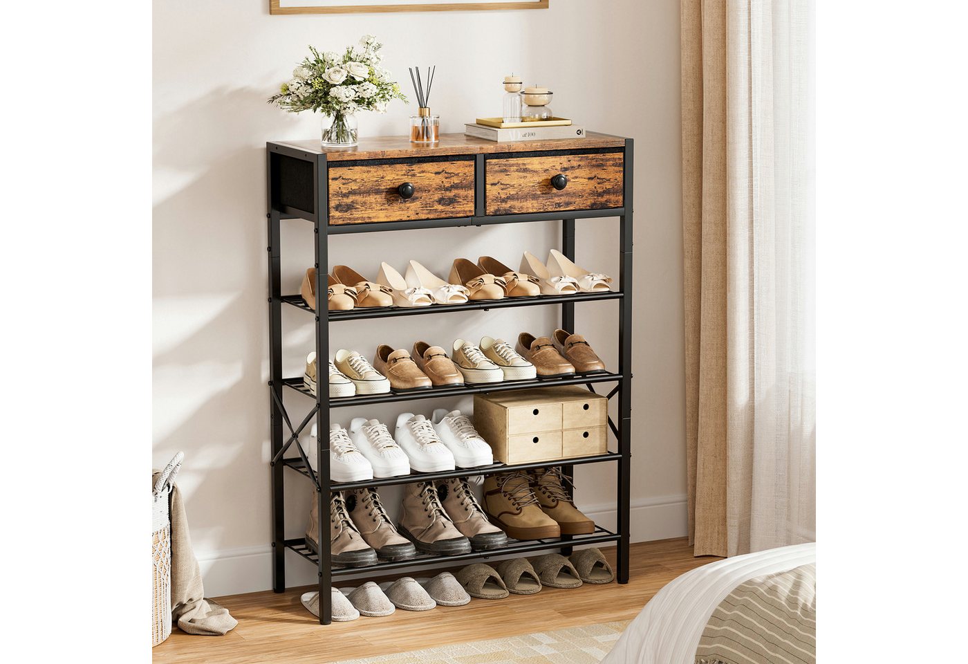 FABATO Schuhregal 5-stufiger Schuhorganizer mit 2 Vliesstoff-Schubladen & Holzplatte, 1-tlg., für Diele, Flur oder Kleiderschrank in Rustikal Braun