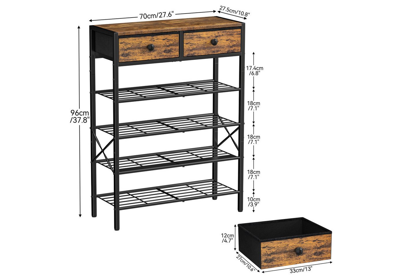 FABATO Schuhregal 5-stufiger Schuhorganizer mit 2 Vliesstoff-Schubladen & Holzplatte, 1-tlg., für Diele, Flur oder Kleiderschrank in Rustikal Braun Bild 2