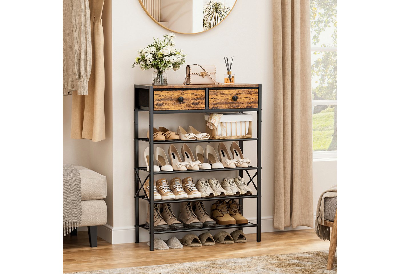 FABATO Schuhregal 5-stufiger Schuhorganizer mit 2 Vliesstoff-Schubladen & Holzplatte, 1-tlg., für Diele, Flur oder Kleiderschrank in Rustikal Braun Bild 3