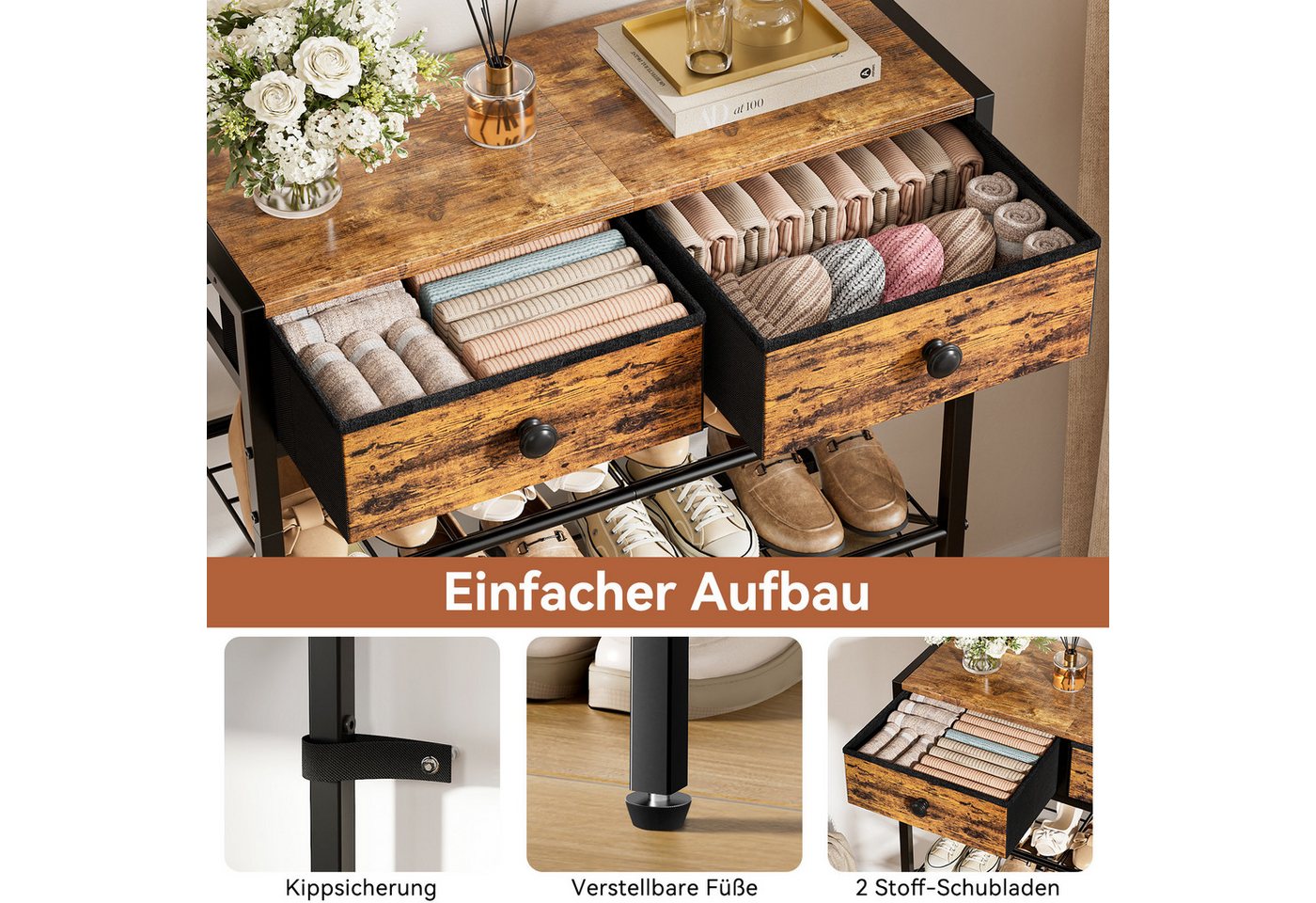 FABATO Schuhregal 5-stufiger Schuhorganizer mit 2 Vliesstoff-Schubladen & Holzplatte, 1-tlg., für Diele, Flur oder Kleiderschrank in Rustikal Braun Bild 4