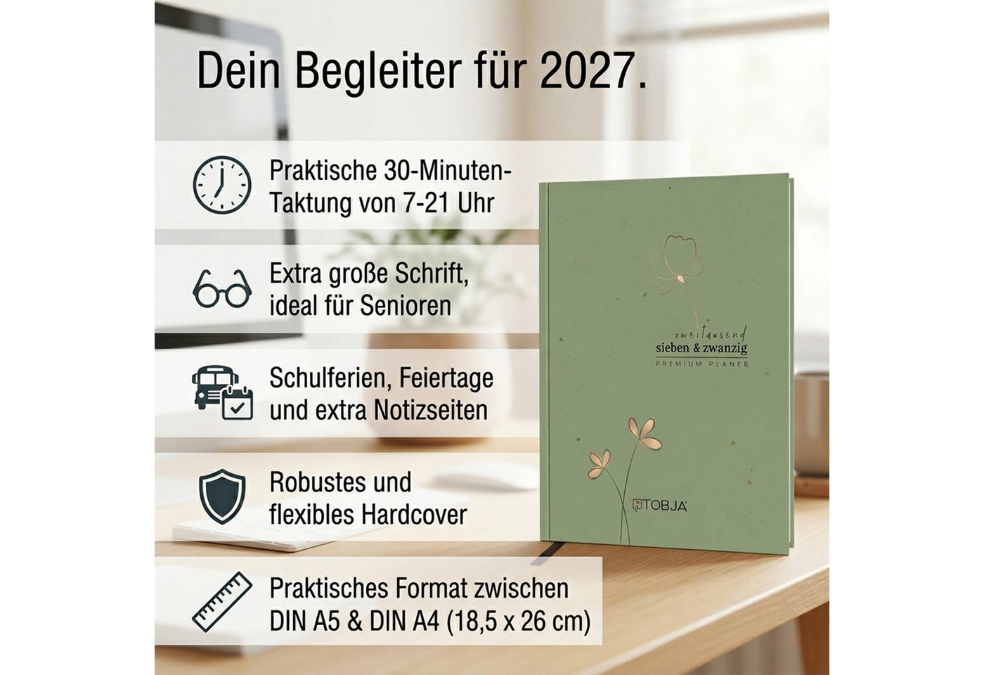 TOBJA Buchkalender Buchkalender 2027 Wochenplaner salbeigrün Skandi OptiPlaner Sage FSC, Salbeigrün, Roségold-Blumen, 30-Min-Taktung, 18,5x26 cm, FSC