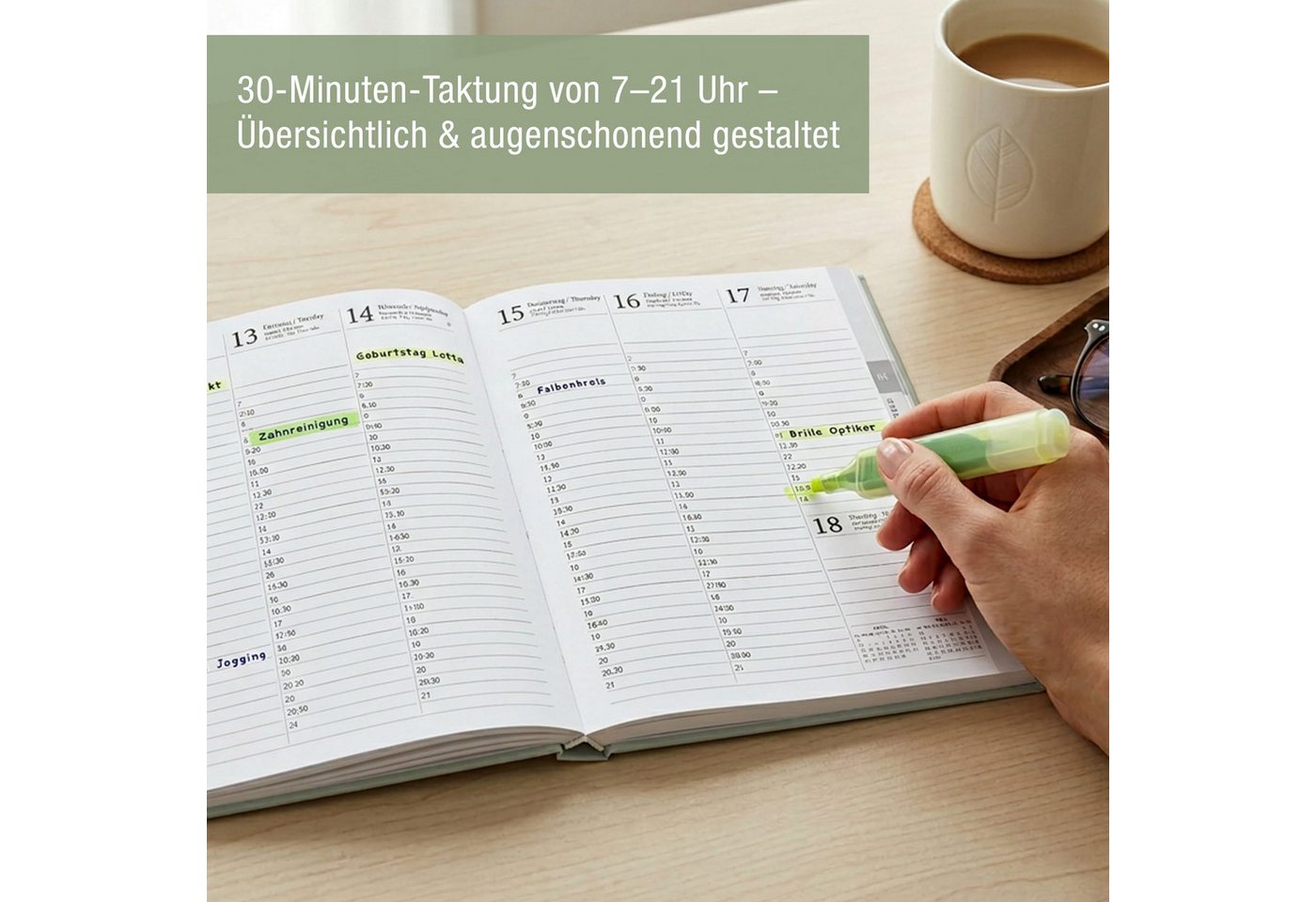 TOBJA Buchkalender Buchkalender 2027 Wochenplaner salbeigrün Skandi OptiPlaner Sage FSC, Salbeigrün, Roségold-Blumen, 30-Min-Taktung, 18,5x26 cm, FSC Bild 2