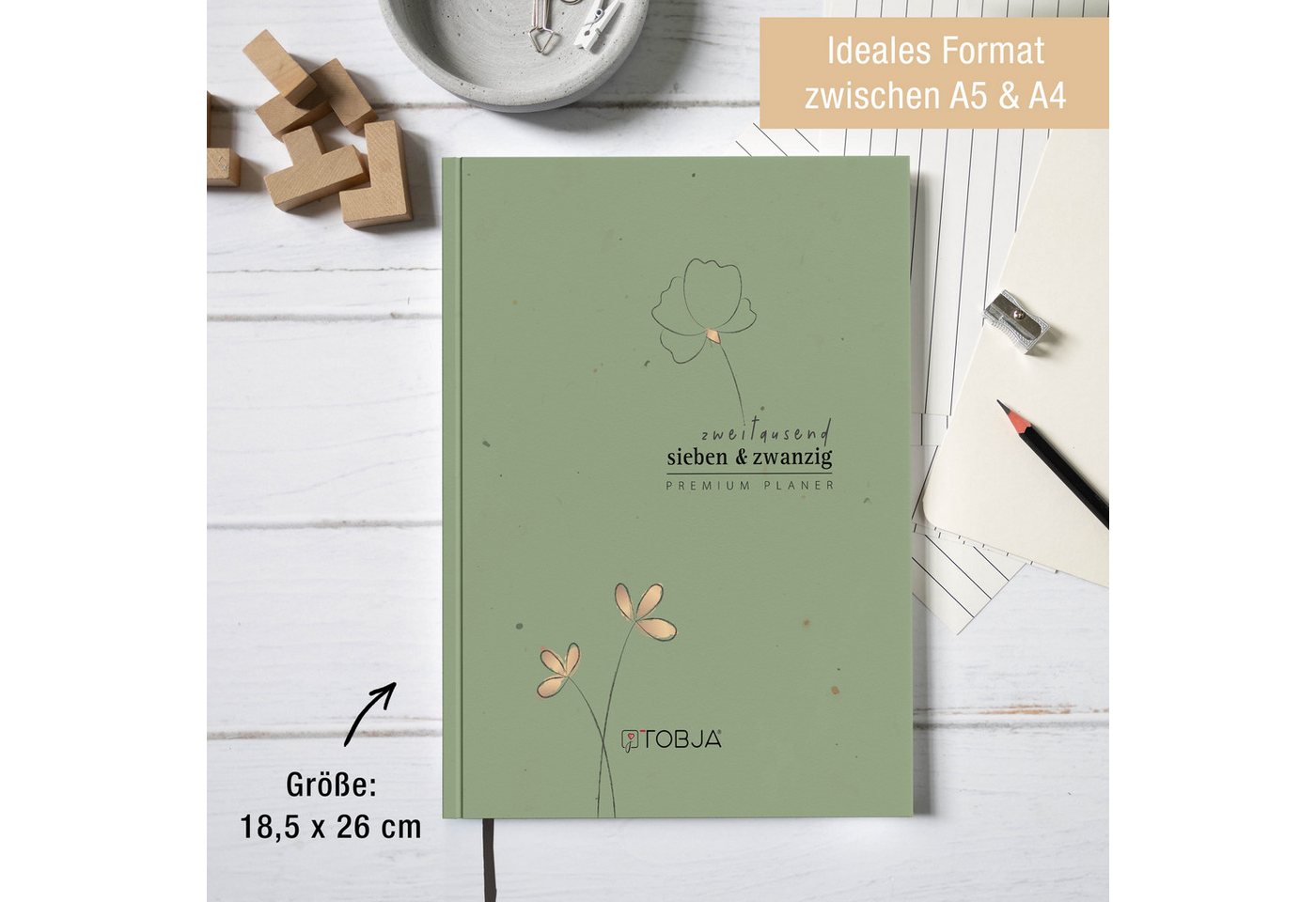 TOBJA Buchkalender Buchkalender 2027 Wochenplaner salbeigrün Skandi OptiPlaner Sage FSC, Salbeigrün, Roségold-Blumen, 30-Min-Taktung, 18,5x26 cm, FSC Bild 3