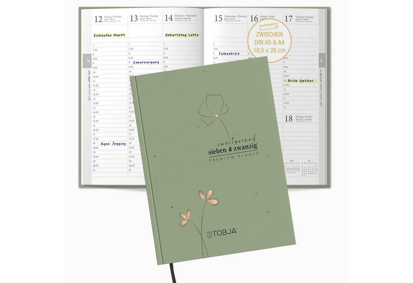 TOBJA Buchkalender Buchkalender 2027 Wochenplaner salbeigrün Skandi OptiPlaner Sage FSC, Salbeigrün, Roségold-Blumen, 30-Min-Taktung, 18,5x26 cm, FSC Bild 4