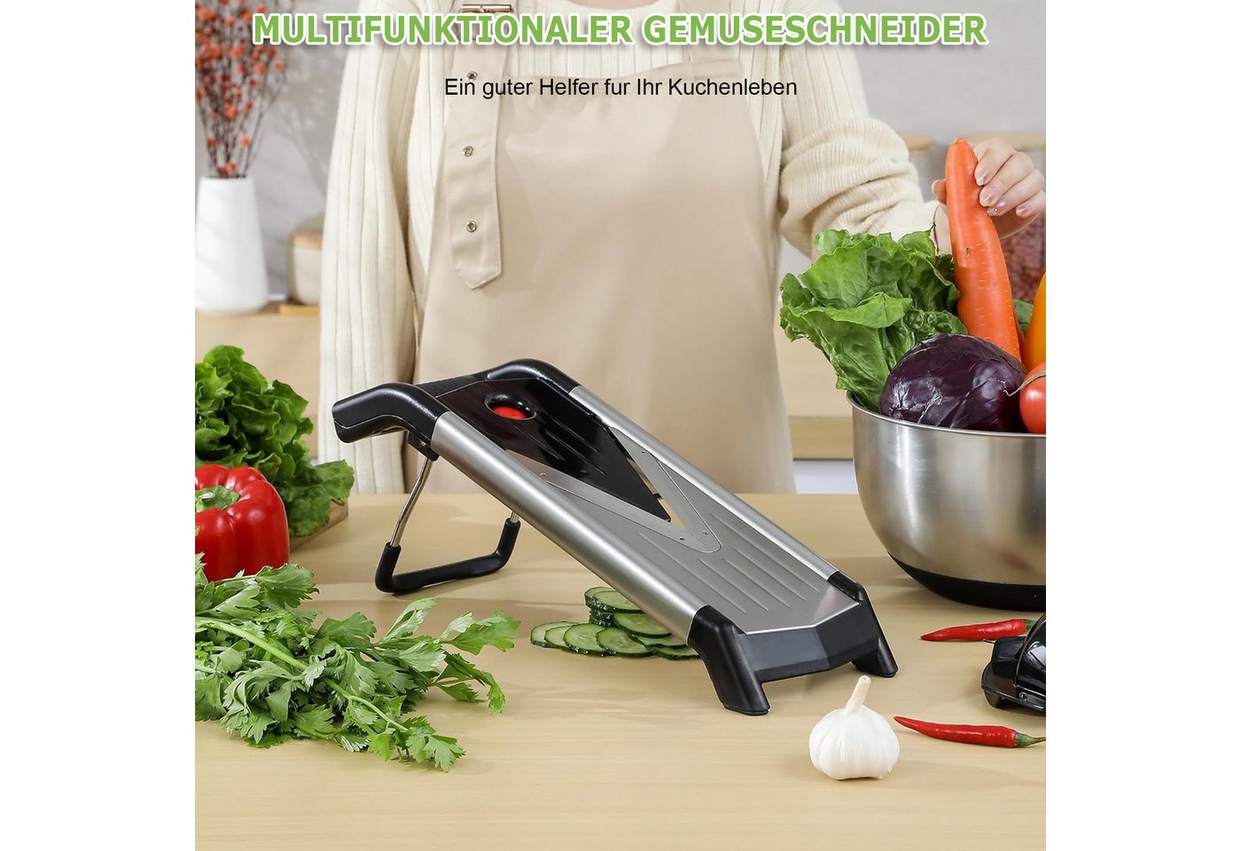 AKKEE Gemüsehobel Multifunktionaler Gemüseschneider, Einstellbare Schnittstärke, Inkl. Handschutz und Reinigungsbürste