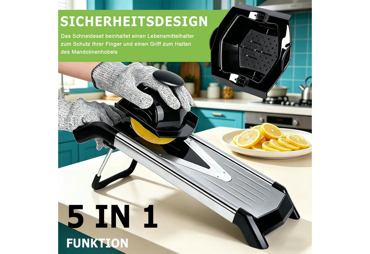 AKKEE Gemüsehobel Multifunktionaler Gemüseschneider, Einstellbare Schnittstärke, Inkl. Handschutz und Reinigungsbürste Bild 3