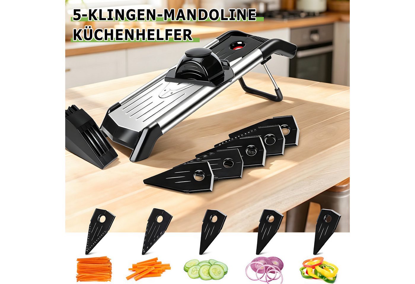 AKKEE Gemüsehobel Multifunktionaler Gemüseschneider, Einstellbare Schnittstärke, Inkl. Handschutz und Reinigungsbürste Bild 4