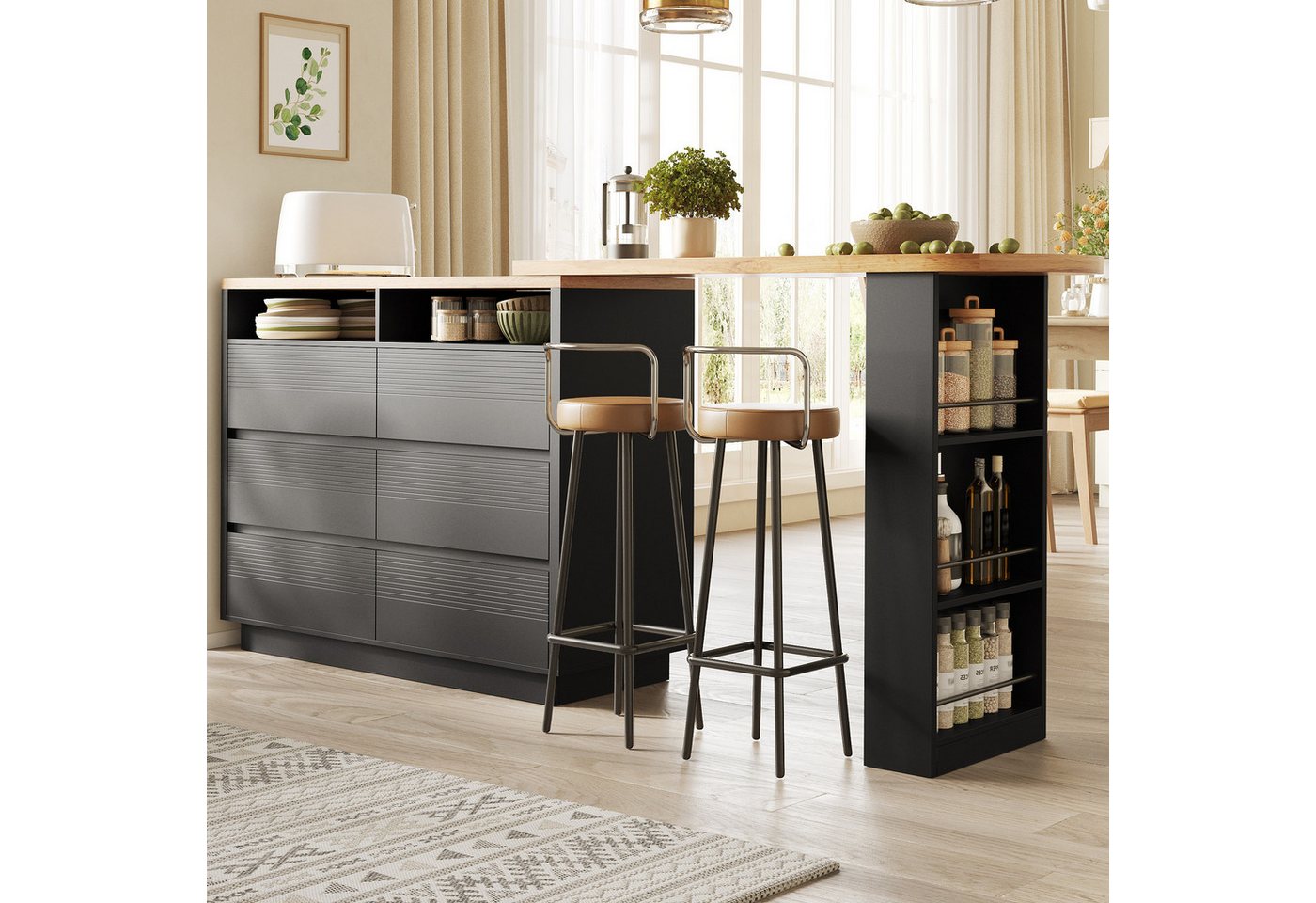 HAUSS SPOLE Kücheninsel mit Stauraum,Bartisch mit Schubladen,Küchenschrank mit Schubladen, (Aufbewahrungstisch, Servierwagen mit Tischfunktion), Homeoffice-Tisch Wohnzimmertisch mit seitlichem Snack-Regal,Schwarz