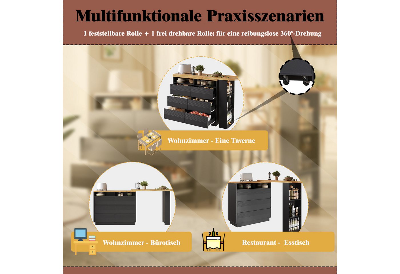 HAUSS SPOLE Kücheninsel mit Stauraum,Bartisch mit Schubladen,Küchenschrank mit Schubladen, (Aufbewahrungstisch, Servierwagen mit Tischfunktion), Homeoffice-Tisch Wohnzimmertisch mit seitlichem Snack-Regal,Schwarz Bild 2