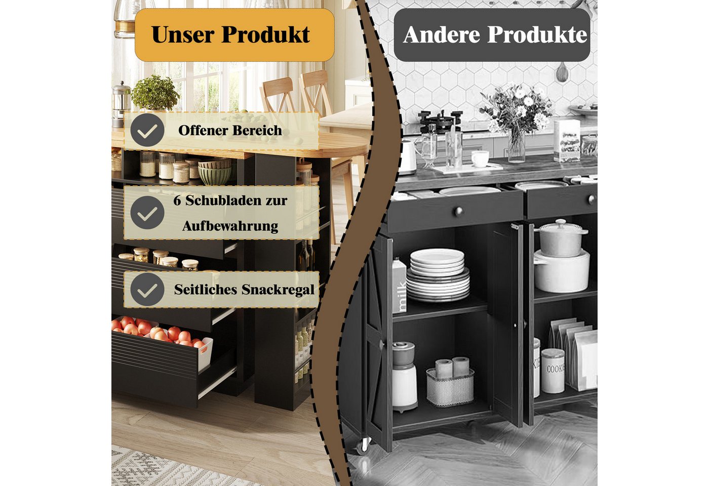 HAUSS SPOLE Kücheninsel mit Stauraum,Bartisch mit Schubladen,Küchenschrank mit Schubladen, (Aufbewahrungstisch, Servierwagen mit Tischfunktion), Homeoffice-Tisch Wohnzimmertisch mit seitlichem Snack-Regal,Schwarz Bild 3