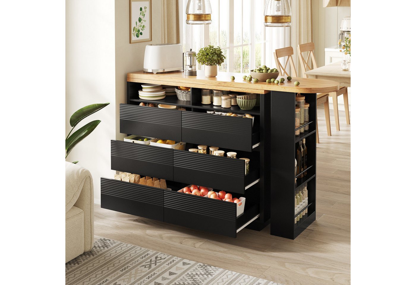 HAUSS SPOLE Kücheninsel mit Stauraum,Bartisch mit Schubladen,Küchenschrank mit Schubladen, (Aufbewahrungstisch, Servierwagen mit Tischfunktion), Homeoffice-Tisch Wohnzimmertisch mit seitlichem Snack-Regal,Schwarz Bild 4