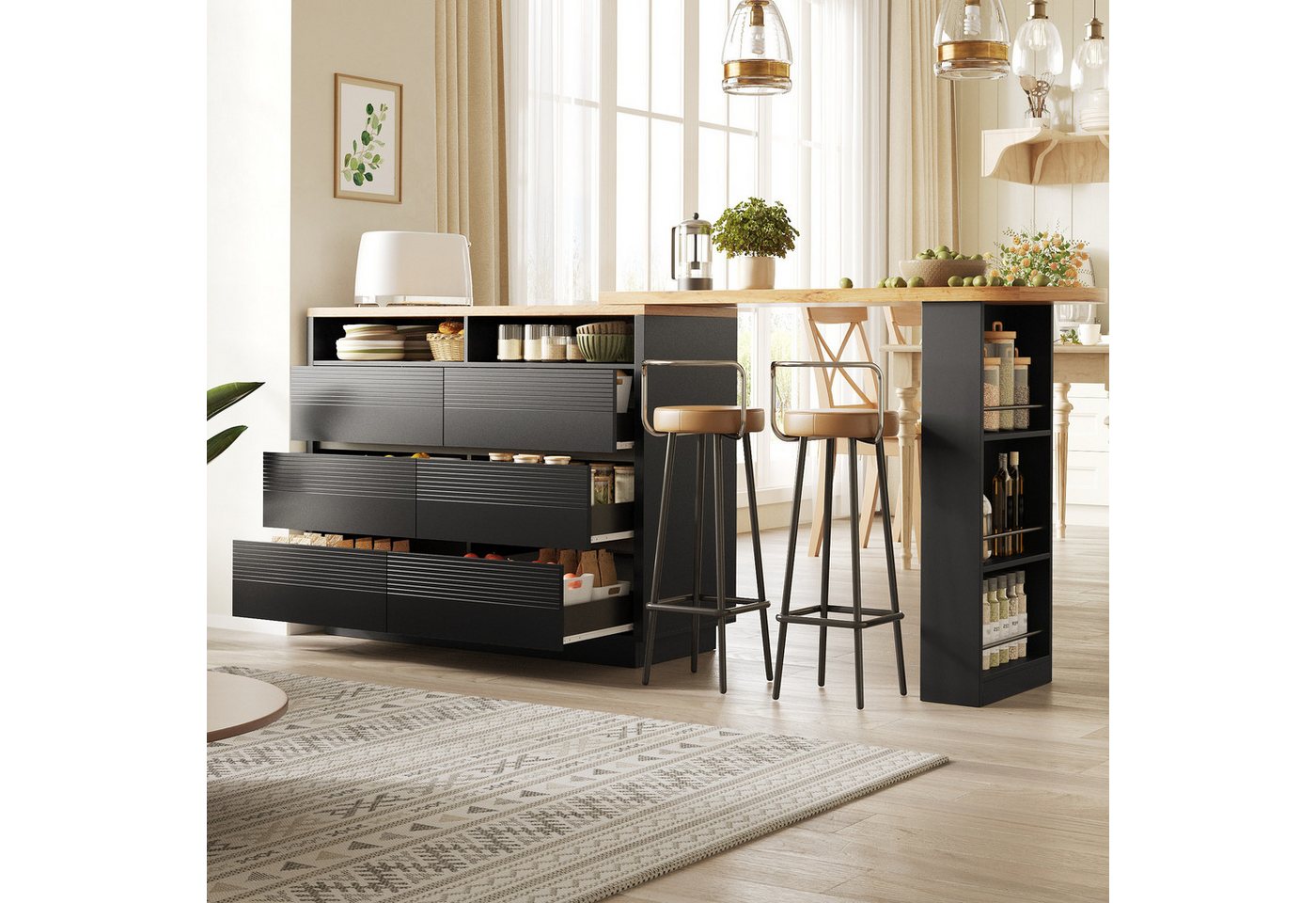 HAUSS SPOLE Kücheninsel mit Stauraum,Bartisch mit Schubladen,Küchenschrank mit Schubladen, (Aufbewahrungstisch, Servierwagen mit Tischfunktion), Homeoffice-Tisch Wohnzimmertisch mit seitlichem Snack-Regal,Schwarz Bild 5
