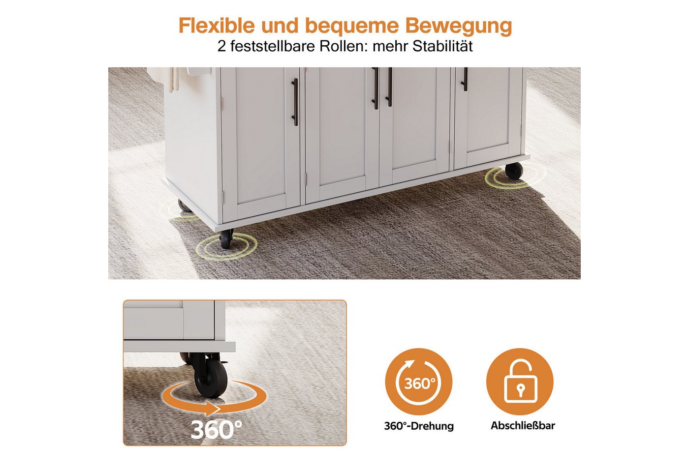 Celya Kücheninsel Küchenwagen,ausziehbare Arbeitsplatte, verstellbare Einlegeböden, (verdeckte Besteckschublade, Gewürzregal und Handtuchhalter), Ideal für Esszimmer, Wohnzimmer und Küche Bild 2