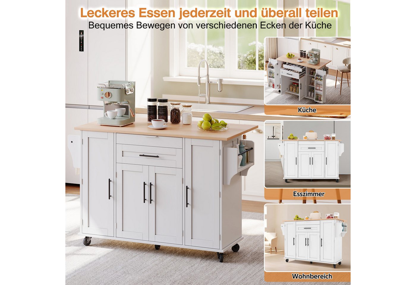 Celya Kücheninsel Küchenwagen,ausziehbare Arbeitsplatte, verstellbare Einlegeböden, (verdeckte Besteckschublade, Gewürzregal und Handtuchhalter), Ideal für Esszimmer, Wohnzimmer und Küche Bild 3