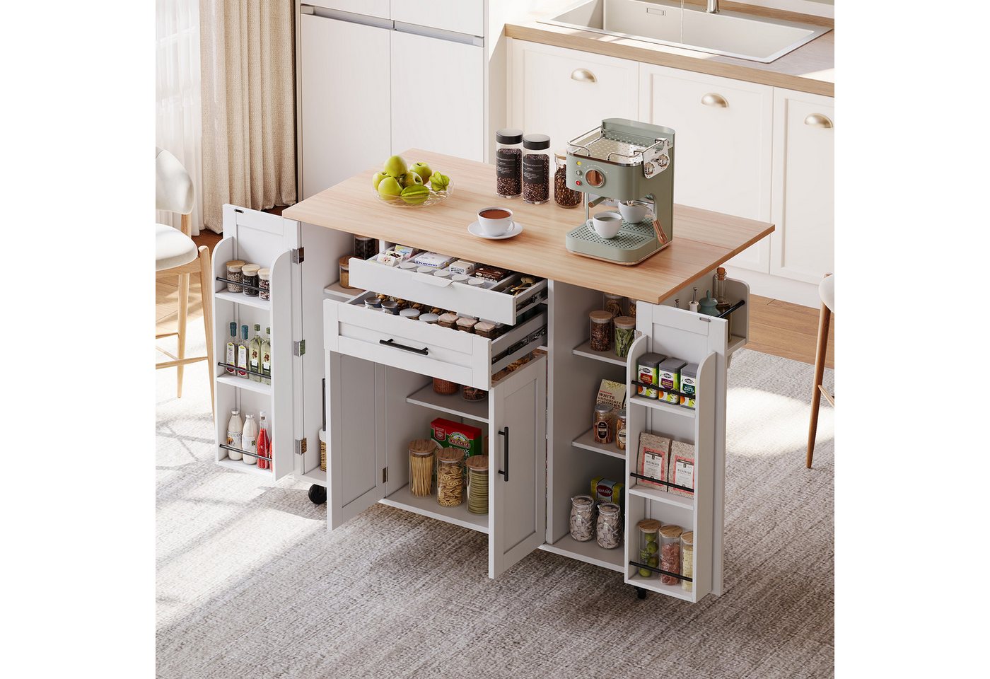 Celya Kücheninsel Küchenwagen,ausziehbare Arbeitsplatte, verstellbare Einlegeböden, (verdeckte Besteckschublade, Gewürzregal und Handtuchhalter), Ideal für Esszimmer, Wohnzimmer und Küche Bild 4