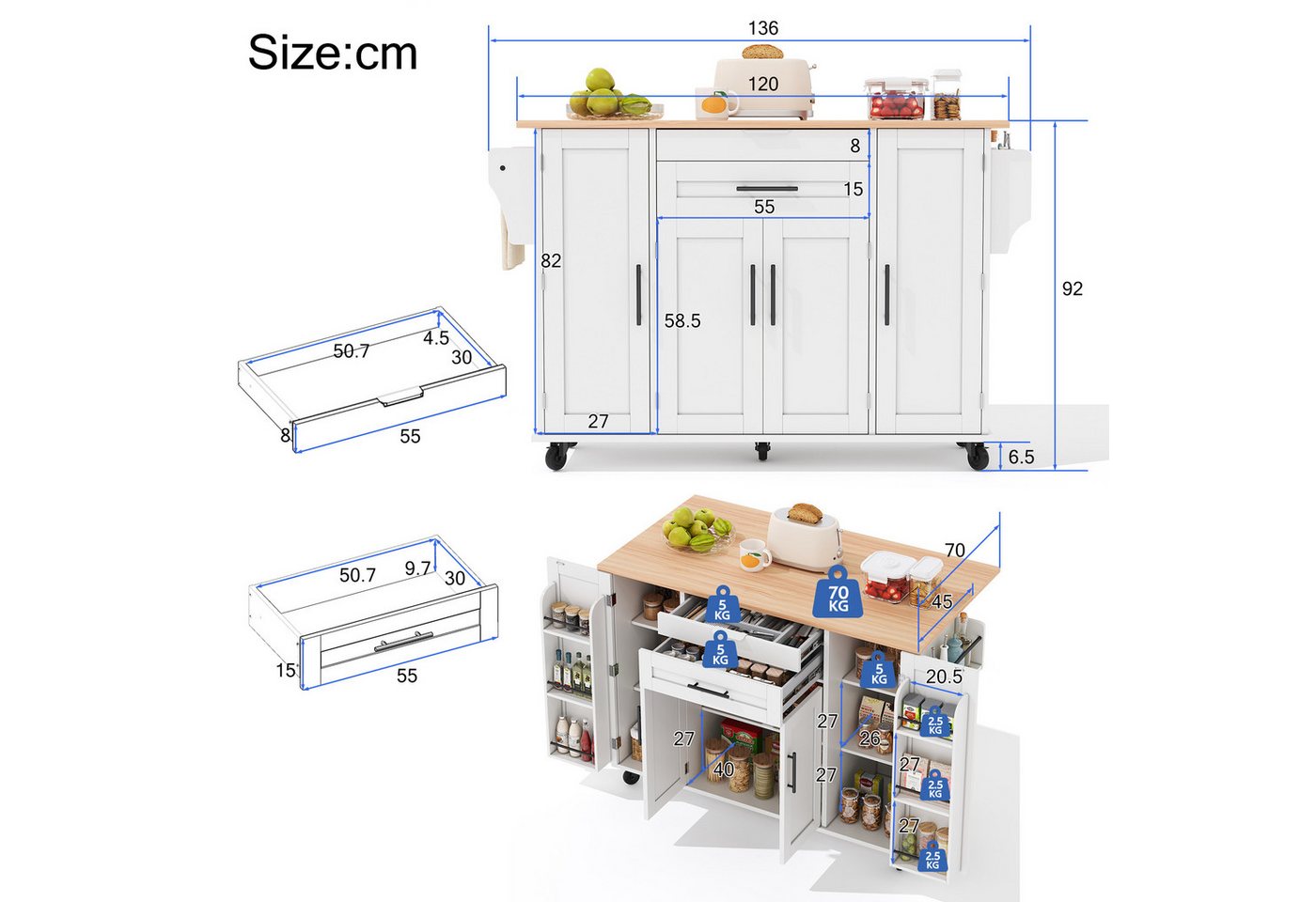 Celya Kücheninsel Küchenwagen,ausziehbare Arbeitsplatte, verstellbare Einlegeböden, (verdeckte Besteckschublade, Gewürzregal und Handtuchhalter), Ideal für Esszimmer, Wohnzimmer und Küche Bild 5