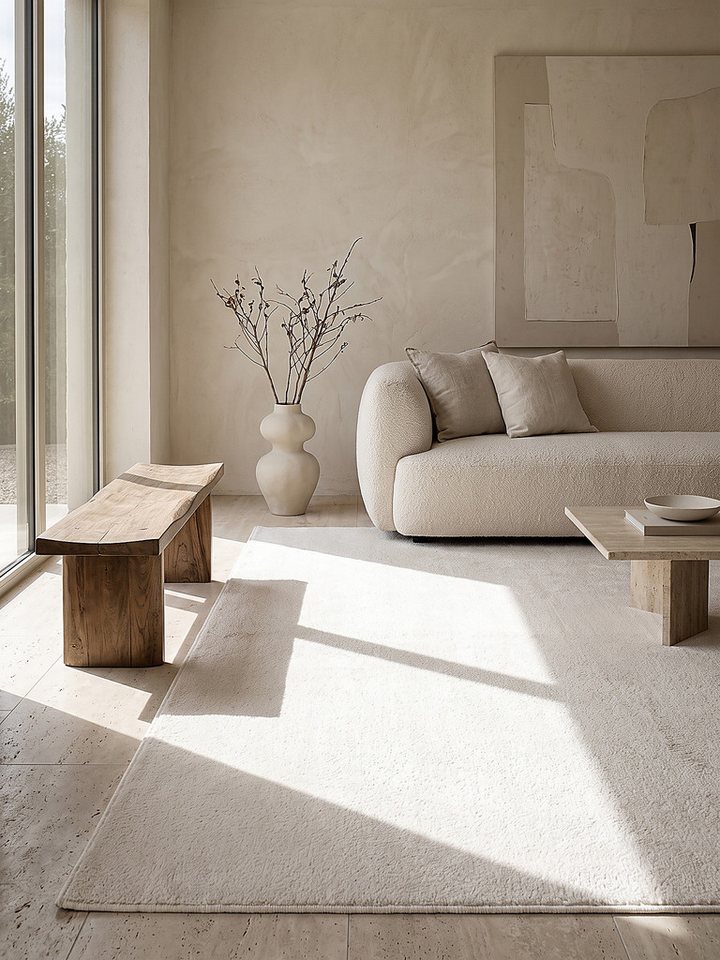 KADIMA DESIGN Teppich ALDAN Teppichläufer Creme 60x110 Uni Polyester Antirutsch Wohnraum, Läufer, Höhe: 17 mm, Trittschalldämmend, Strapazierfähig, Farbecht, Pflegeleicht Bild 4