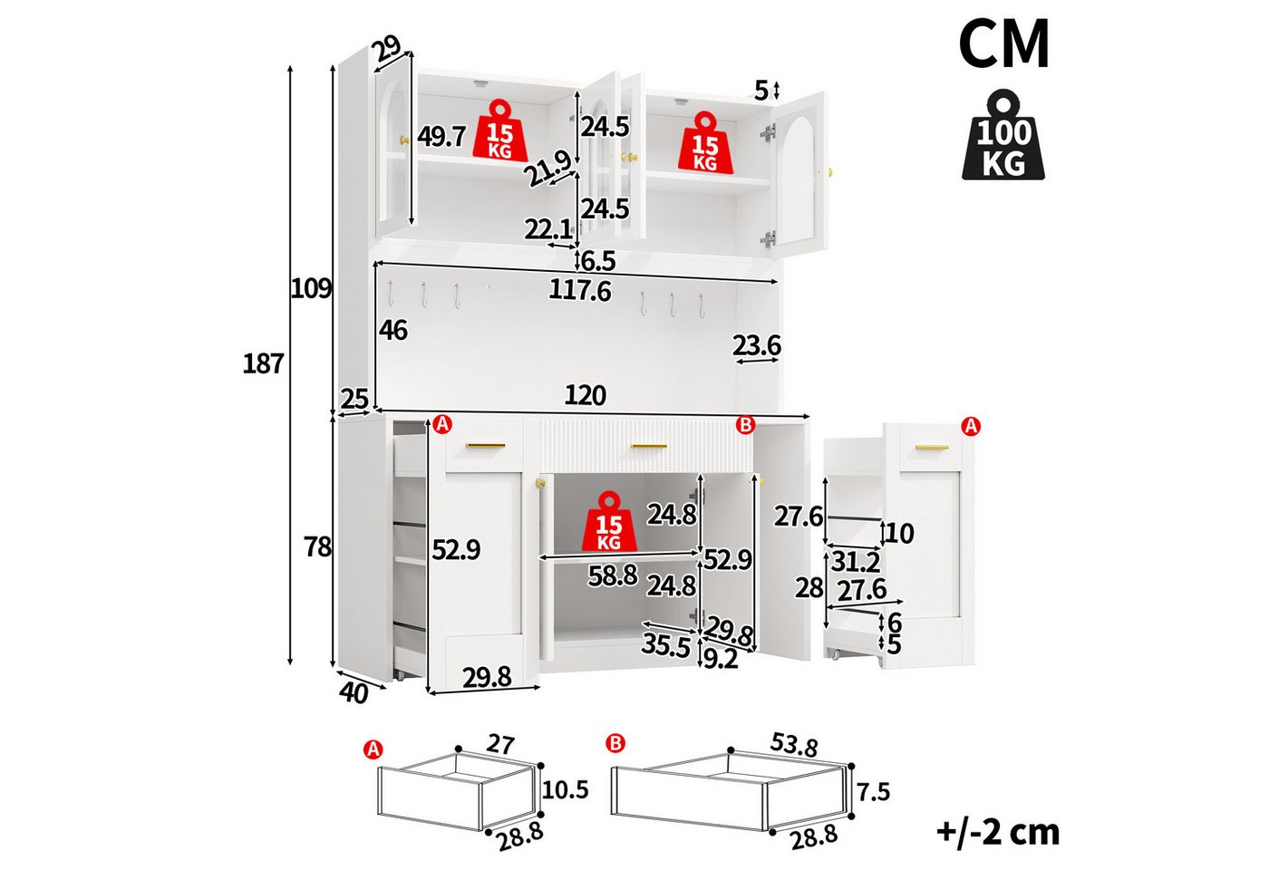 Flieks Küchenbuffet Hochschrankmit LED-Beleuchtung, 4 Glastüren, beidseitigen Roll-Ablagen (B120/T40/H187 cm, 1-St) Küchenschrank Glasvitrinen mit verstellbarer Ablagen Weiß Modernstil