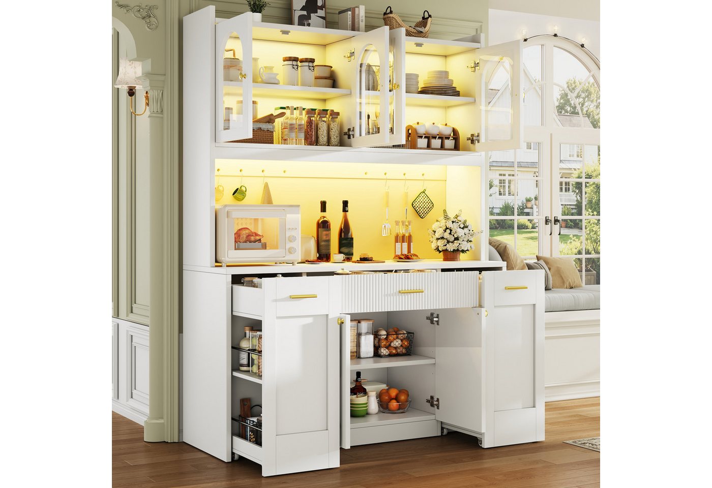 Flieks Küchenbuffet Hochschrankmit LED-Beleuchtung, 4 Glastüren, beidseitigen Roll-Ablagen (B120/T40/H187 cm, 1-St) Küchenschrank Glasvitrinen mit verstellbarer Ablagen Weiß Modernstil Bild 2
