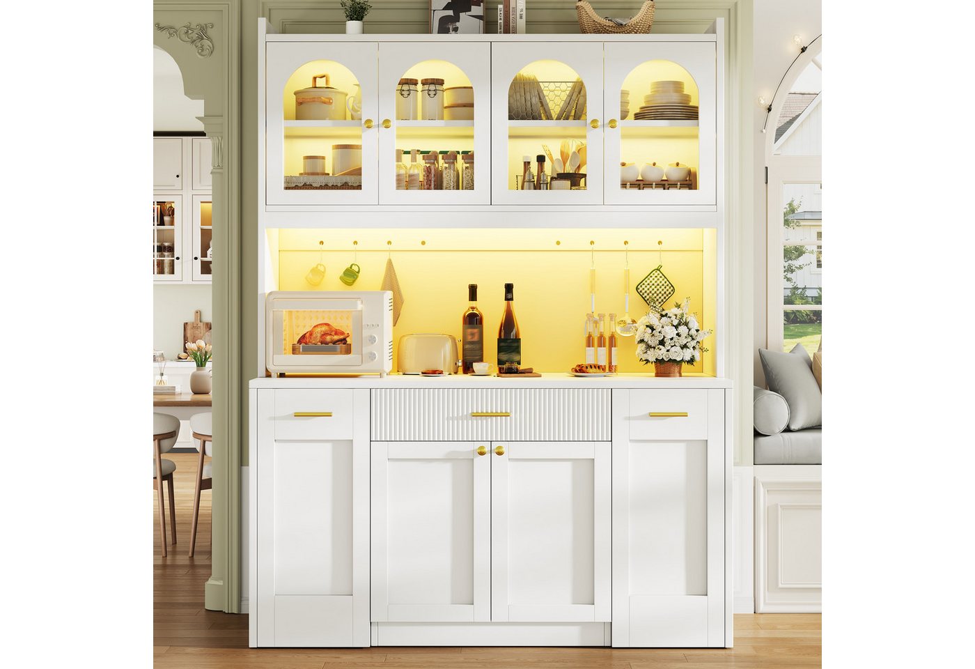 Flieks Küchenbuffet Hochschrankmit LED-Beleuchtung, 4 Glastüren, beidseitigen Roll-Ablagen (B120/T40/H187 cm, 1-St) Küchenschrank Glasvitrinen mit verstellbarer Ablagen Weiß Modernstil Bild 3