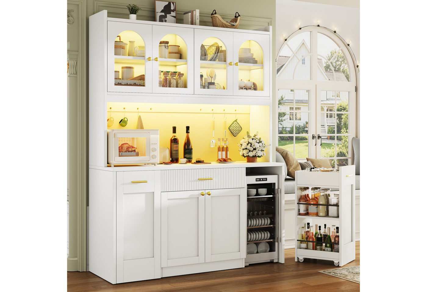 Flieks Küchenbuffet Hochschrankmit LED-Beleuchtung, 4 Glastüren, beidseitigen Roll-Ablagen (B120/T40/H187 cm, 1-St) Küchenschrank Glasvitrinen mit verstellbarer Ablagen Weiß Modernstil Bild 5