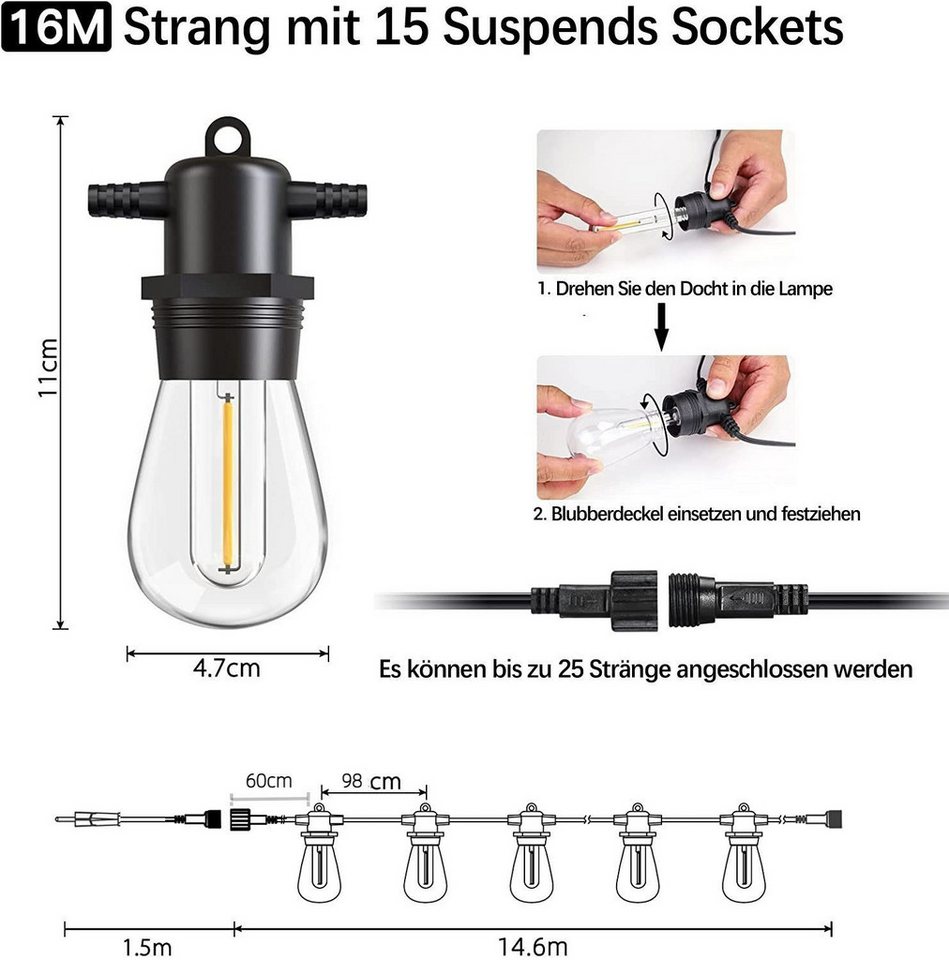 Quntis Lichterkette outdoor strom 16/31m led lichterkette für außen erweiterbare, lichtkette terasse Balkonlampen Gartenlampen biergarten lichterketten Bild 5