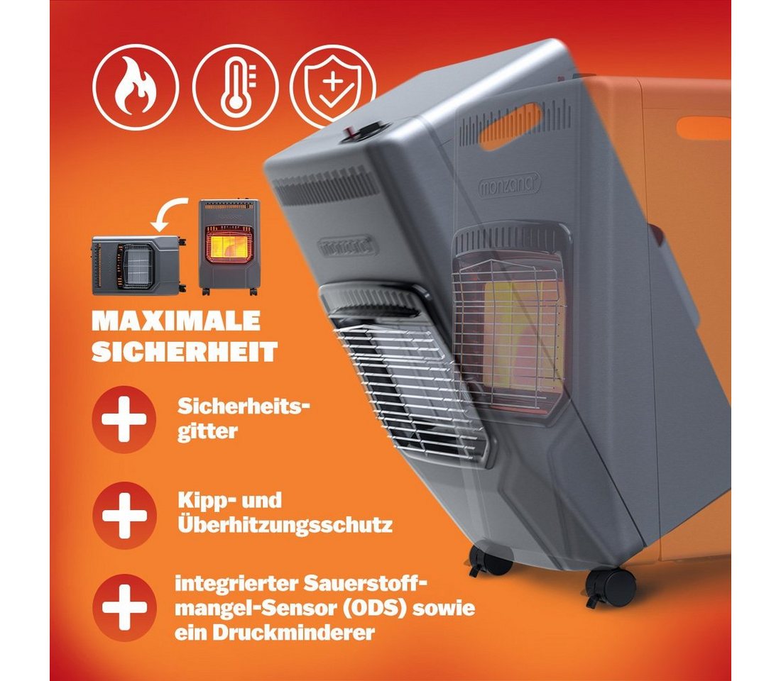 monzana Heizstrahler 3 Heizstufen inkl. 50cm Gasschlauch Gasdruckregler Kippschutz, 4200W Gasheizung für Innenräume Druckregeler Gasheizer Gasofen Keramik