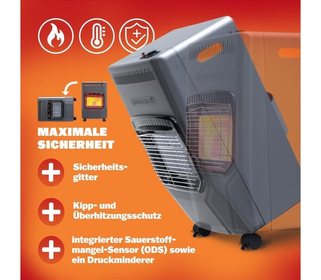 monzana Heizstrahler 3 Heizstufen inkl. 50cm Gasschlauch Gasdruckregler Kippschutz, 4200W Gasheizung für Innenräume Druckregeler Gasheizer Gasofen Keramik
