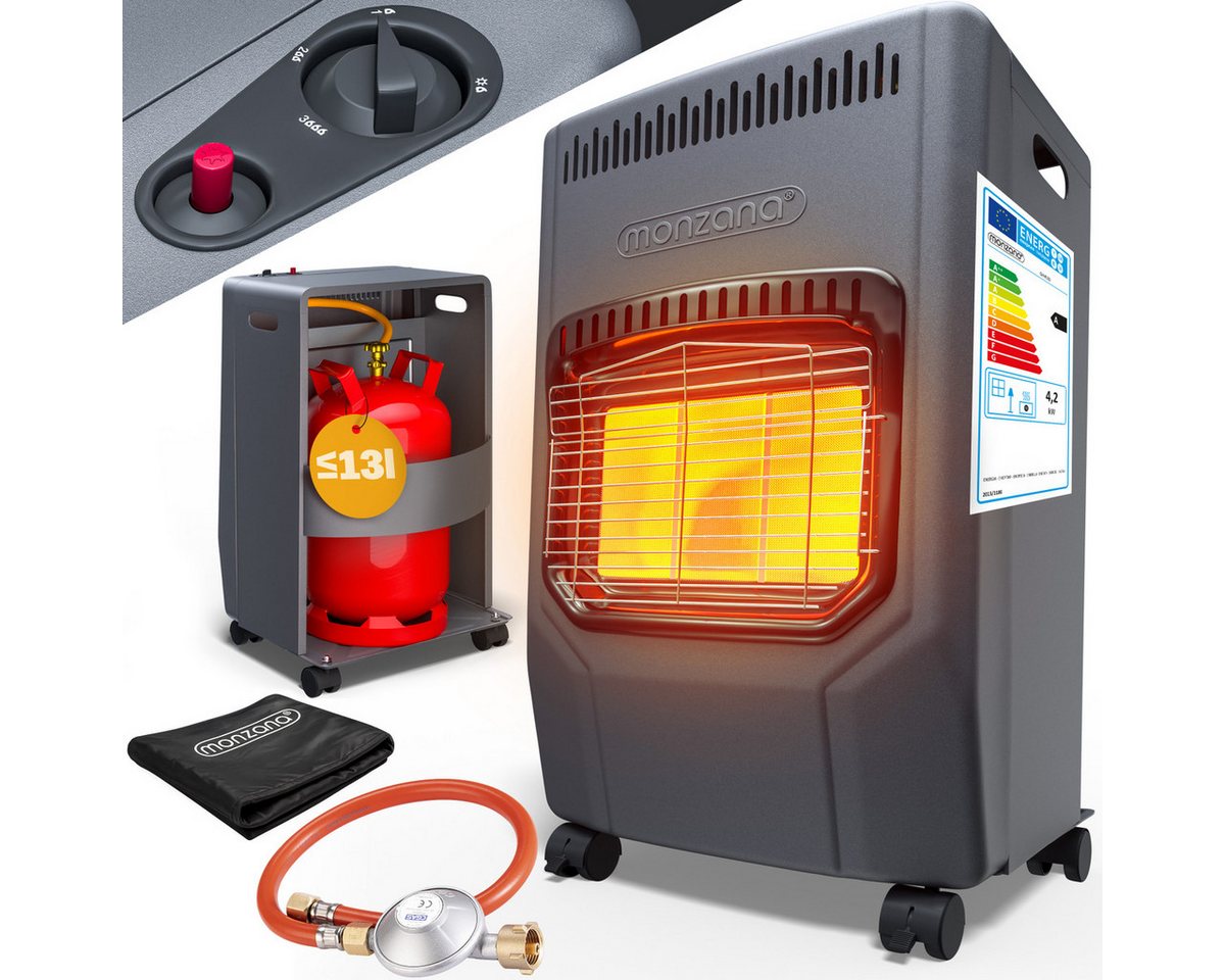 monzana Heizstrahler 3 Heizstufen inkl. 50cm Gasschlauch Gasdruckregler Kippschutz, 4200W Gasheizung für Innenräume Druckregeler Gasheizer Gasofen Keramik Bild 2