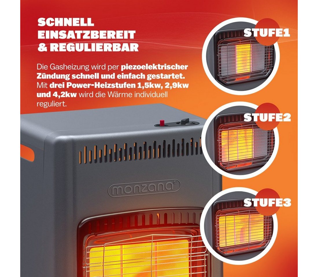 monzana Heizstrahler 3 Heizstufen inkl. 50cm Gasschlauch Gasdruckregler Kippschutz, 4200W Gasheizung für Innenräume Druckregeler Gasheizer Gasofen Keramik Bild 5